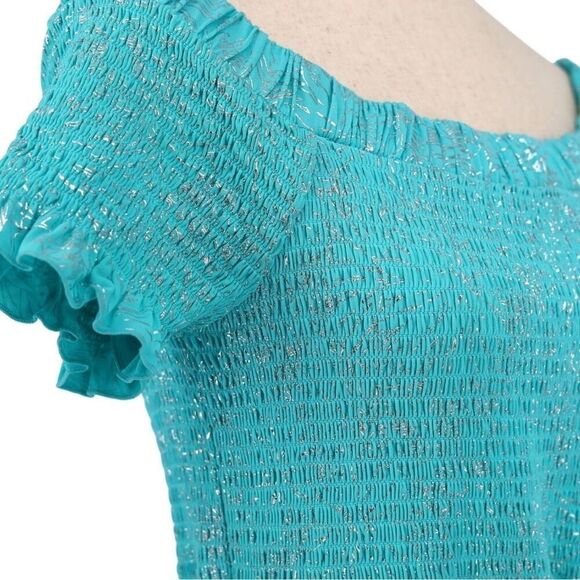 Michael Michael Kors Womens Turquoise Smocked Ruffled Drawstring Waist Dress S - Picture 7 of 10